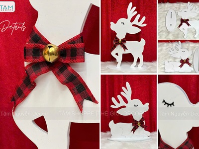 Mô hình tuần lộc trắng đeo nơ lục lạc [Bằng gỗ] TCV-TLOC-06